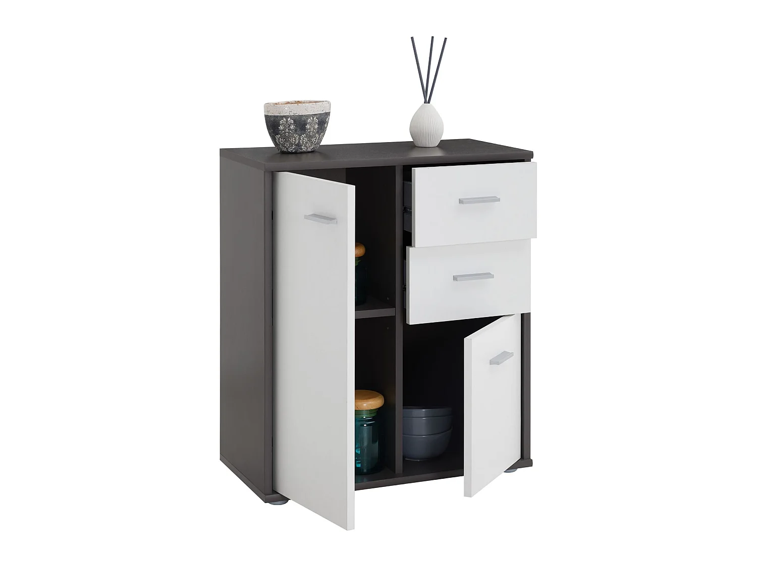 Buffet salle à manger REMY L 60 cm coloris gris et blanc avec 2 portes et 2 tiroirs bahut bas meuble de rangement