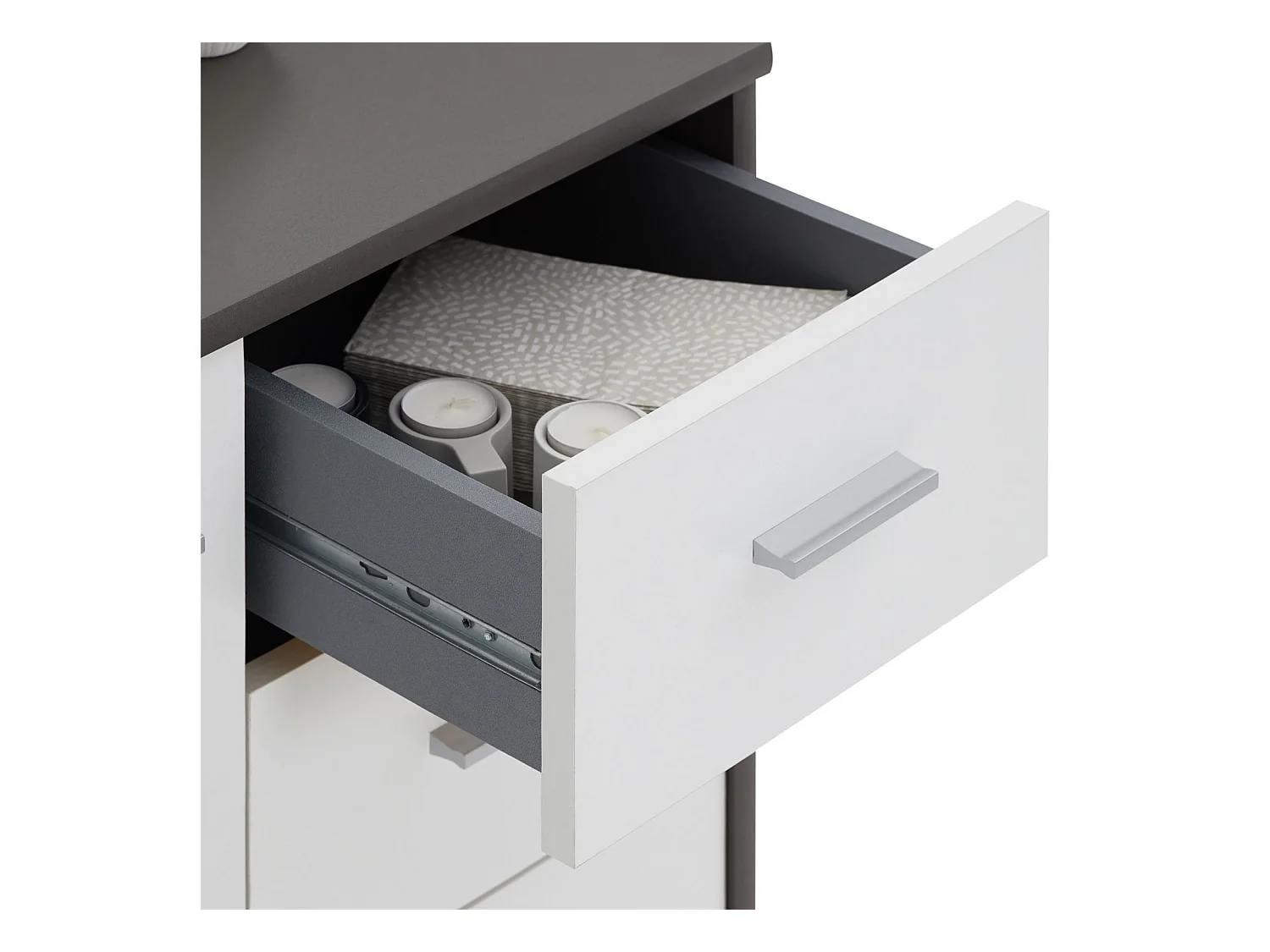 Buffet salle à manger REMY L 60 cm coloris gris et blanc avec 2 portes et 2 tiroirs bahut bas meuble de rangement