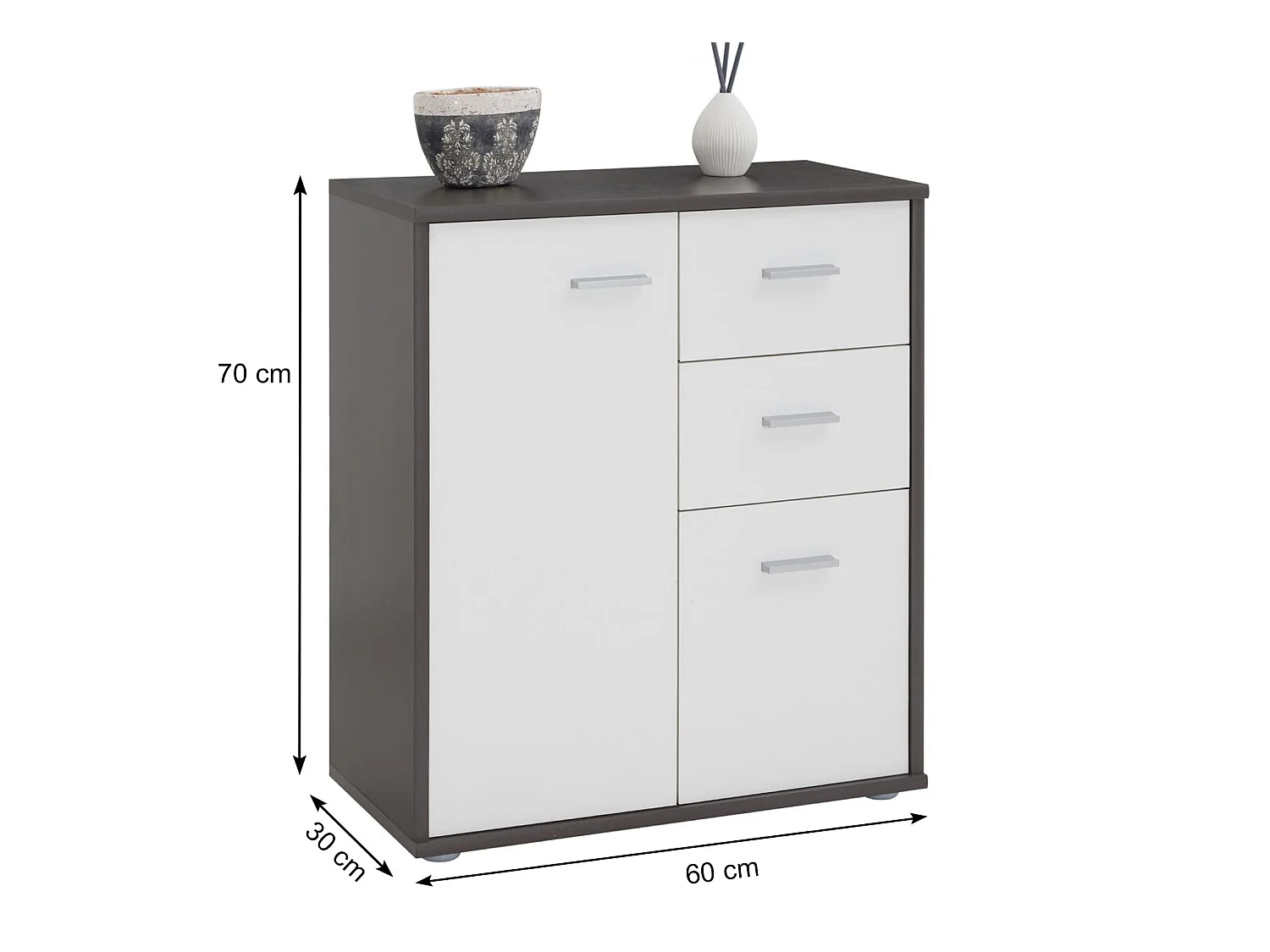 Buffet salle à manger REMY L 60 cm coloris gris et blanc avec 2 portes et 2 tiroirs bahut bas meuble de rangement