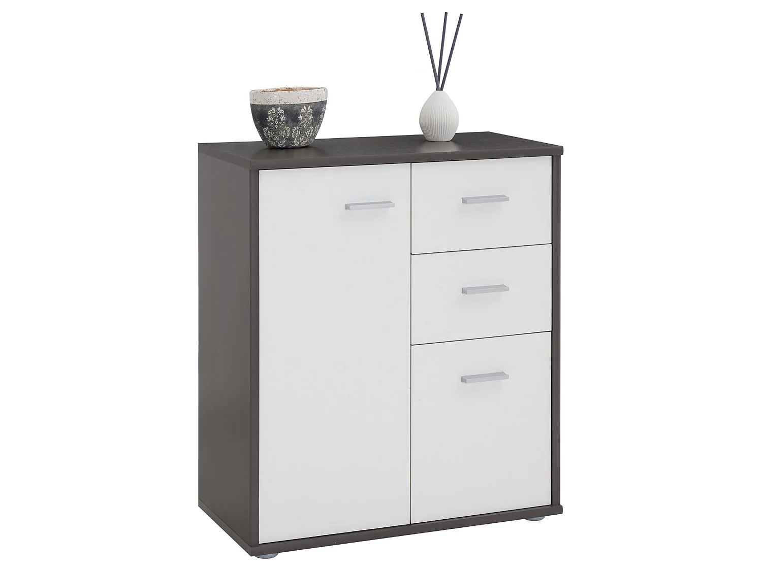 Buffet salle à manger REMY L 60 cm coloris gris et blanc avec 2 portes et 2 tiroirs bahut bas meuble de rangement