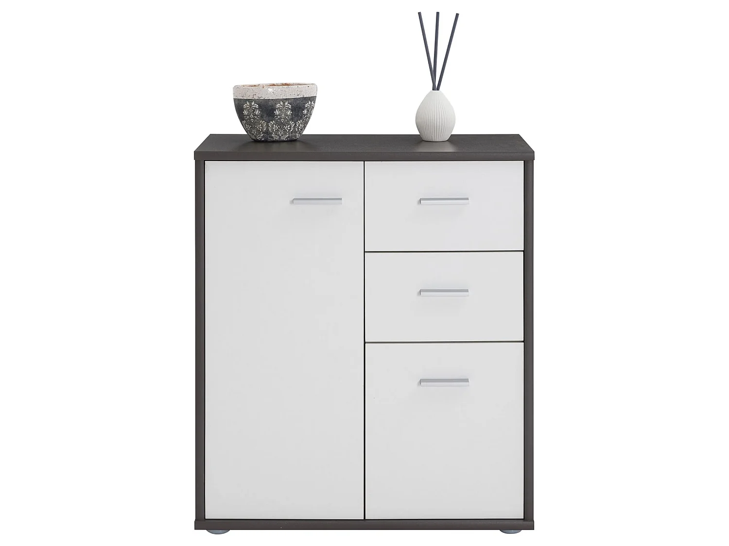 Buffet salle à manger REMY L 60 cm coloris gris et blanc avec 2 portes et 2 tiroirs bahut bas meuble de rangement