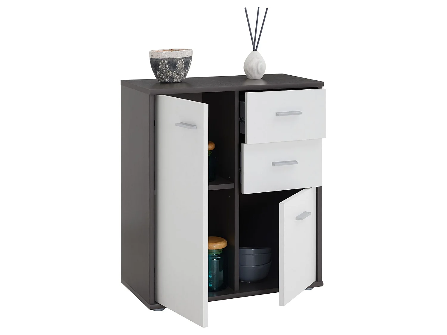 Buffet salle à manger REMY L 60 cm coloris gris et blanc avec 2 portes et 2 tiroirs bahut bas meuble de rangement