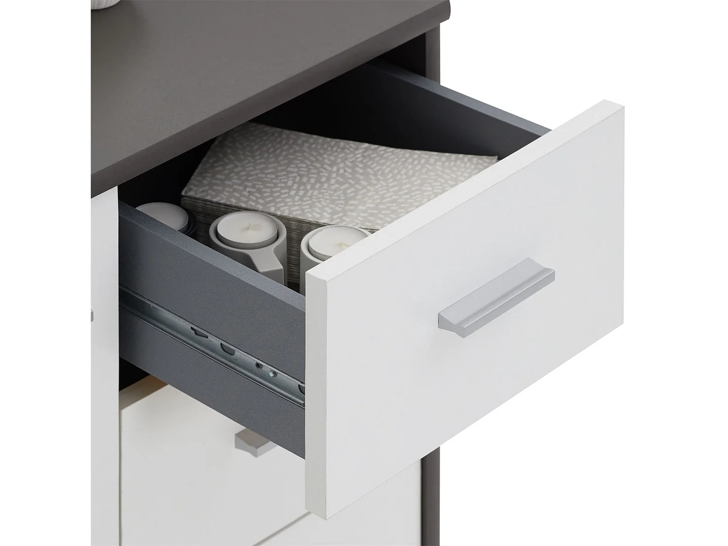 Buffet salle à manger REMY L 60 cm coloris gris et blanc avec 2 portes et 2 tiroirs bahut bas meuble de rangement