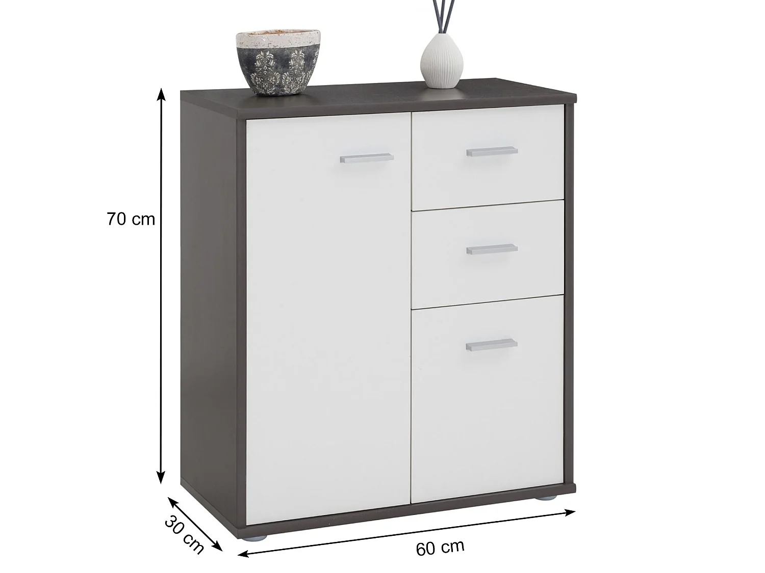 Buffet salle à manger REMY L 60 cm coloris gris et blanc avec 2 portes et 2 tiroirs bahut bas meuble de rangement