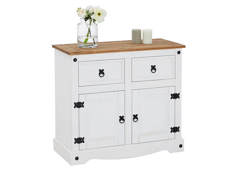 Buffet salle à manger CAMPO en bois massif L 87 cm avec 2 portes battantes et 2 tiroirs spacieux, blanc et brun, style mexicain