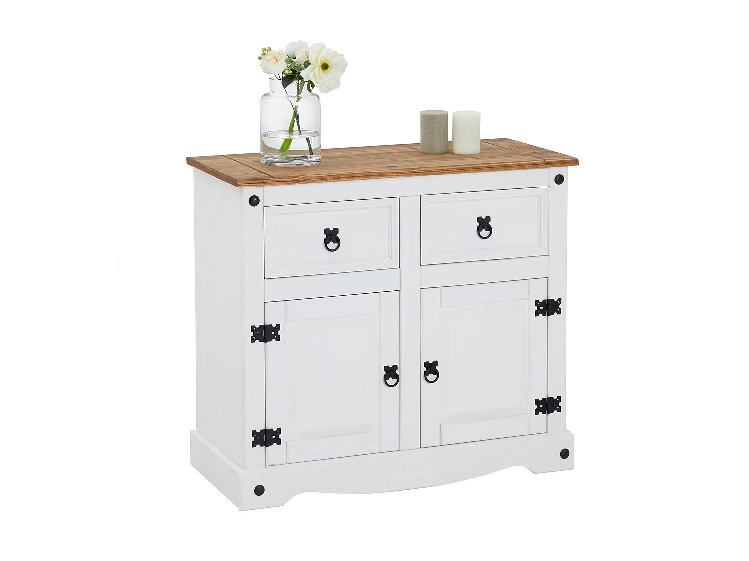 Buffet salle à manger CAMPO en bois massif L 87 cm avec 2 portes battantes et 2 tiroirs spacieux, blanc et brun, style mexicain