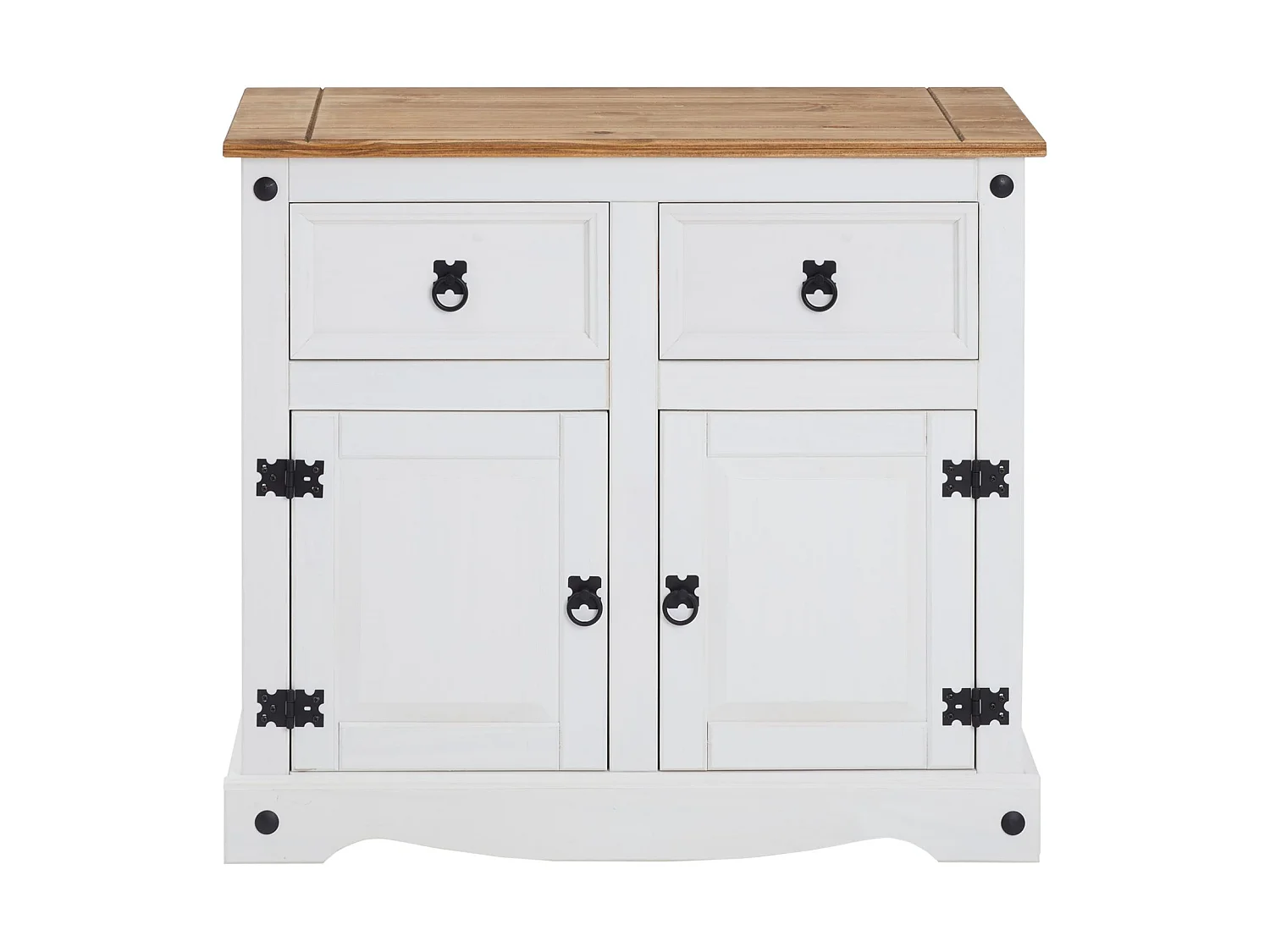 Buffet salle à manger CAMPO en bois massif L 87 cm avec 2 portes battantes et 2 tiroirs spacieux, blanc et brun, style mexicain