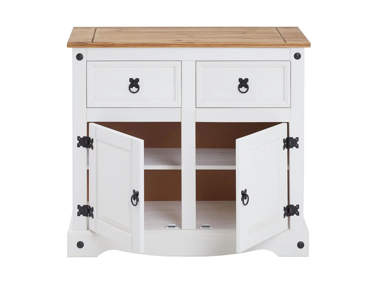 Buffet salle à manger CAMPO en bois massif L 87 cm avec 2 portes battantes et 2 tiroirs spacieux, blanc et brun, style mexicain