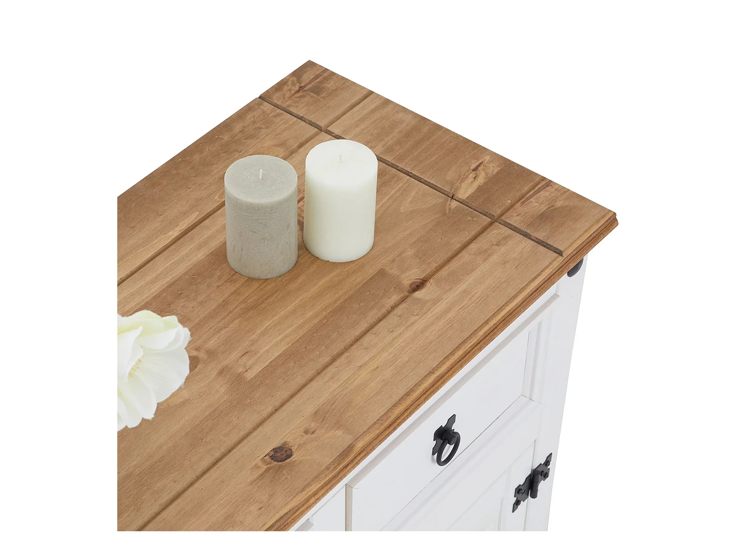 Buffet salle à manger CAMPO en bois massif L 87 cm avec 2 portes battantes et 2 tiroirs spacieux, blanc et brun, style mexicain