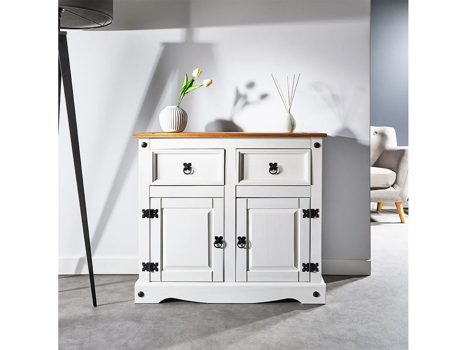 Buffet salle à manger CAMPO en bois massif L 87 cm avec 2 portes battantes et 2 tiroirs spacieux, blanc et brun, style mexicain