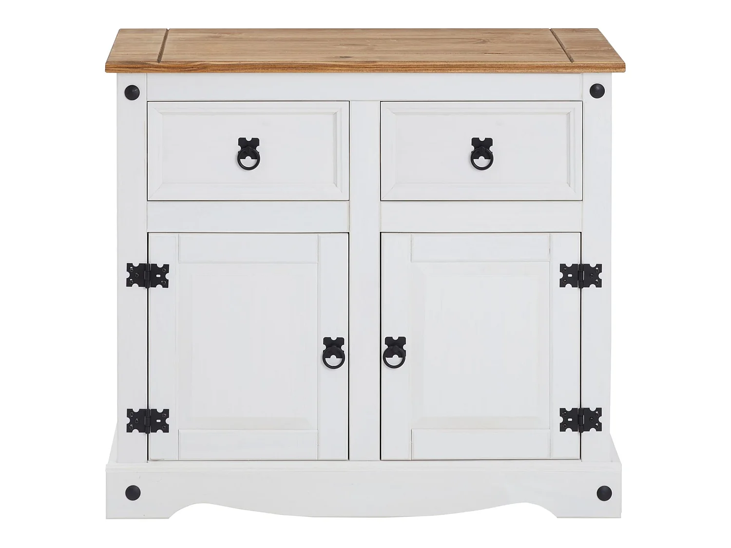 Buffet salle à manger CAMPO en bois massif L 87 cm avec 2 portes battantes et 2 tiroirs spacieux, blanc et brun, style mexicain