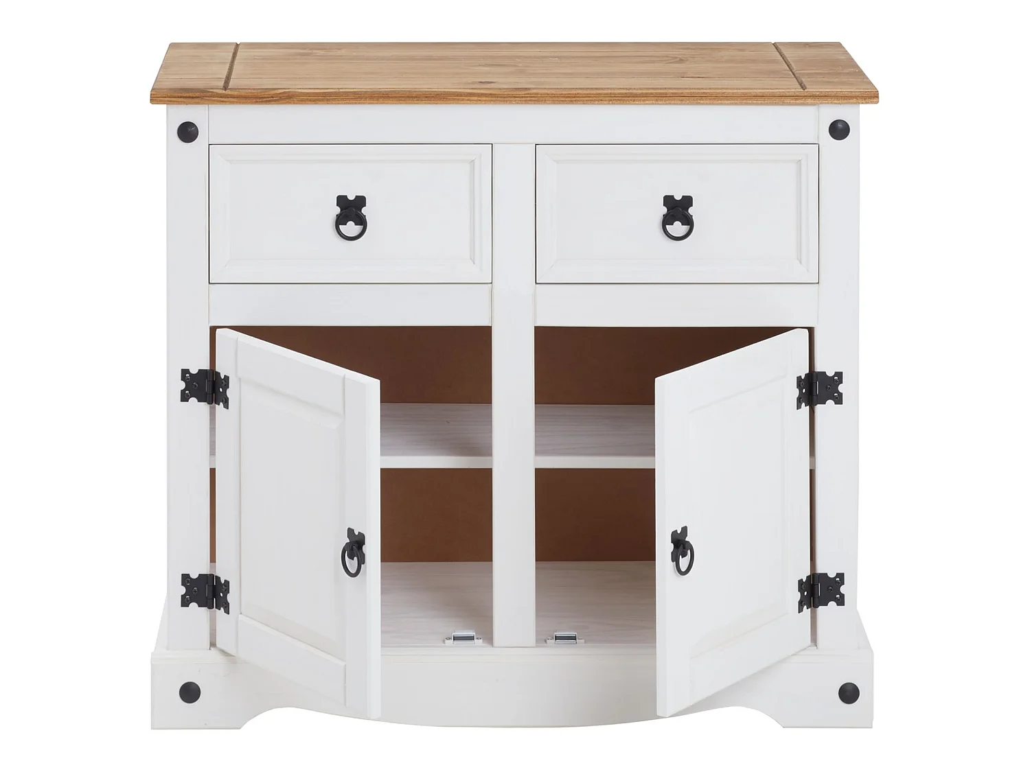 Buffet salle à manger CAMPO en bois massif L 87 cm avec 2 portes battantes et 2 tiroirs spacieux, blanc et brun, style mexicain