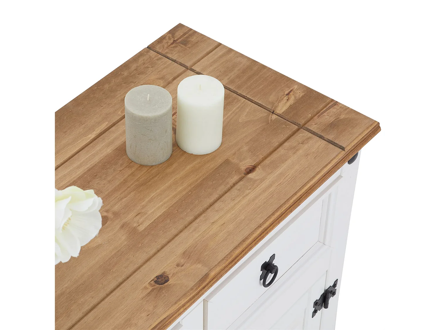 Buffet salle à manger CAMPO en bois massif L 87 cm avec 2 portes battantes et 2 tiroirs spacieux, blanc et brun, style mexicain