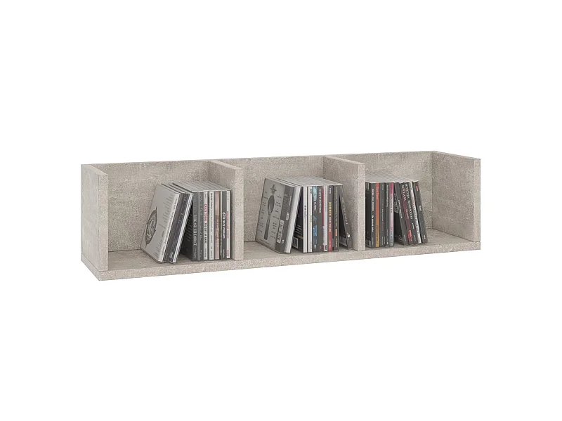 Etagère murale NELLO, meuble de rangement pour CD et DVD ou décoration avec 3 compartiments ouverts, en mélaminé décor béton