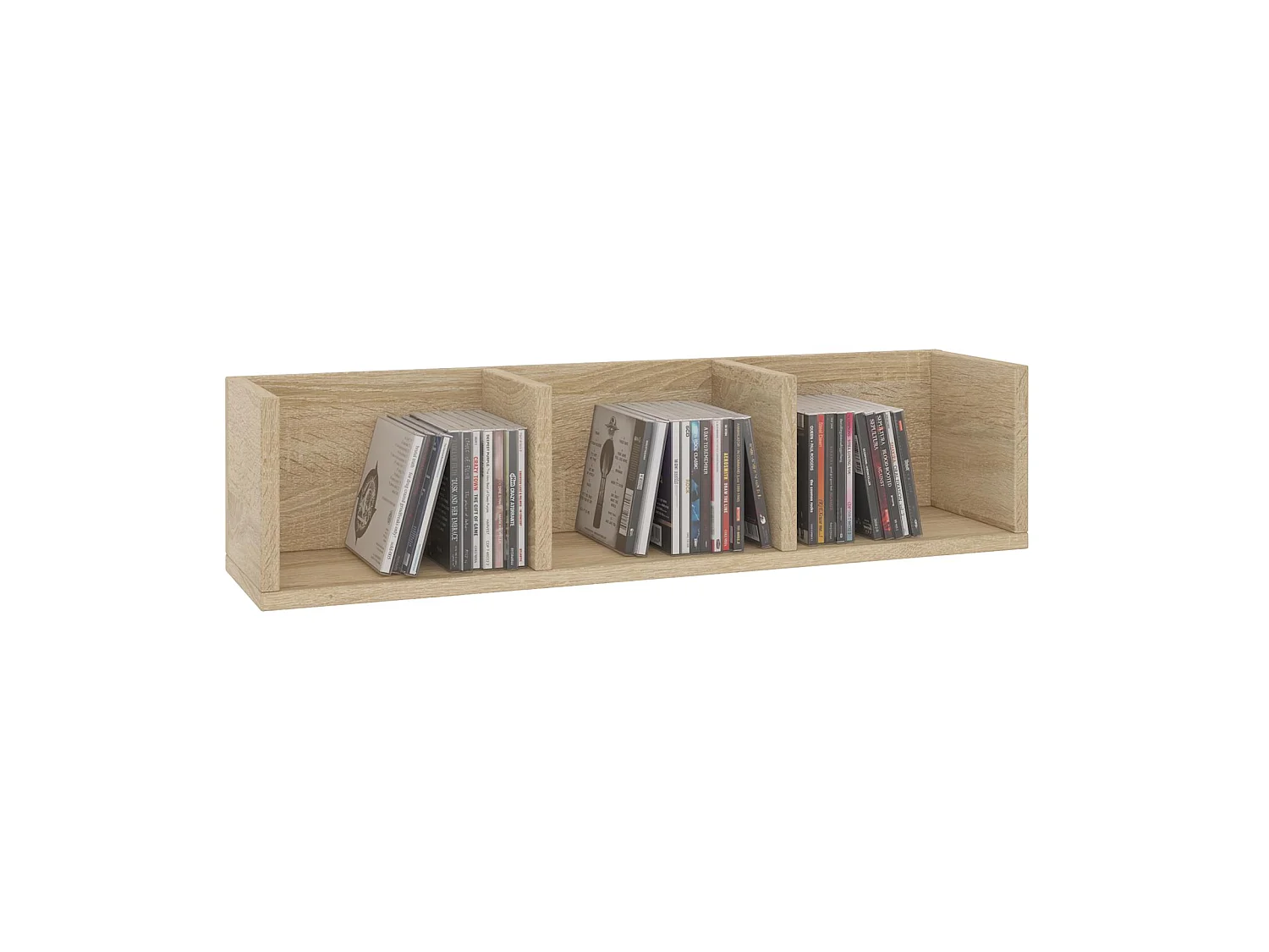 Etagère murale NELLO, meuble de rangement pour CD et DVD ou décoration avec 3 compartiments ouverts, en mélaminé décor chêne sonoma