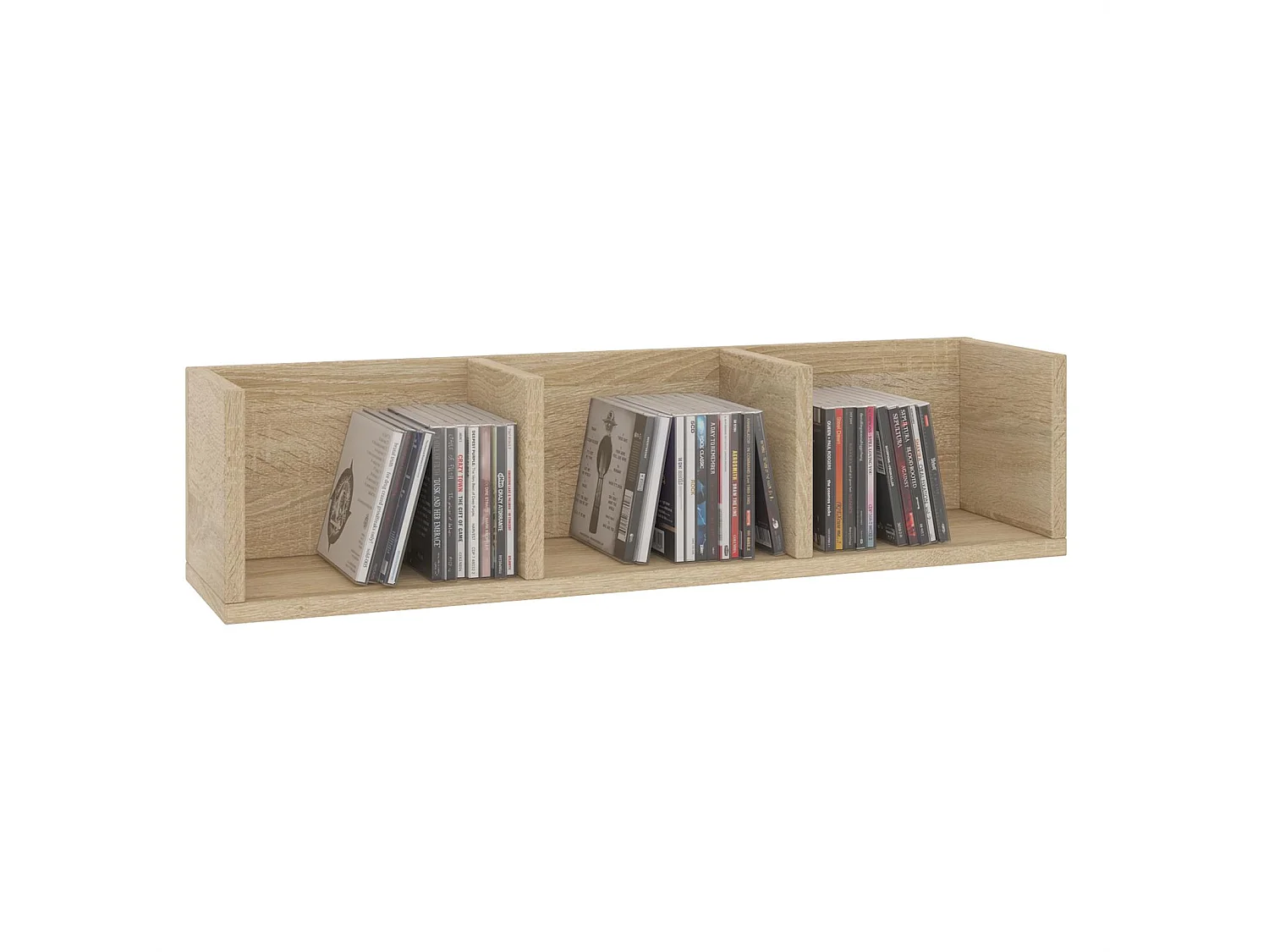 Etagère murale NELLO, meuble de rangement pour CD et DVD ou décoration avec 3 compartiments ouverts, en mélaminé décor chêne sonoma