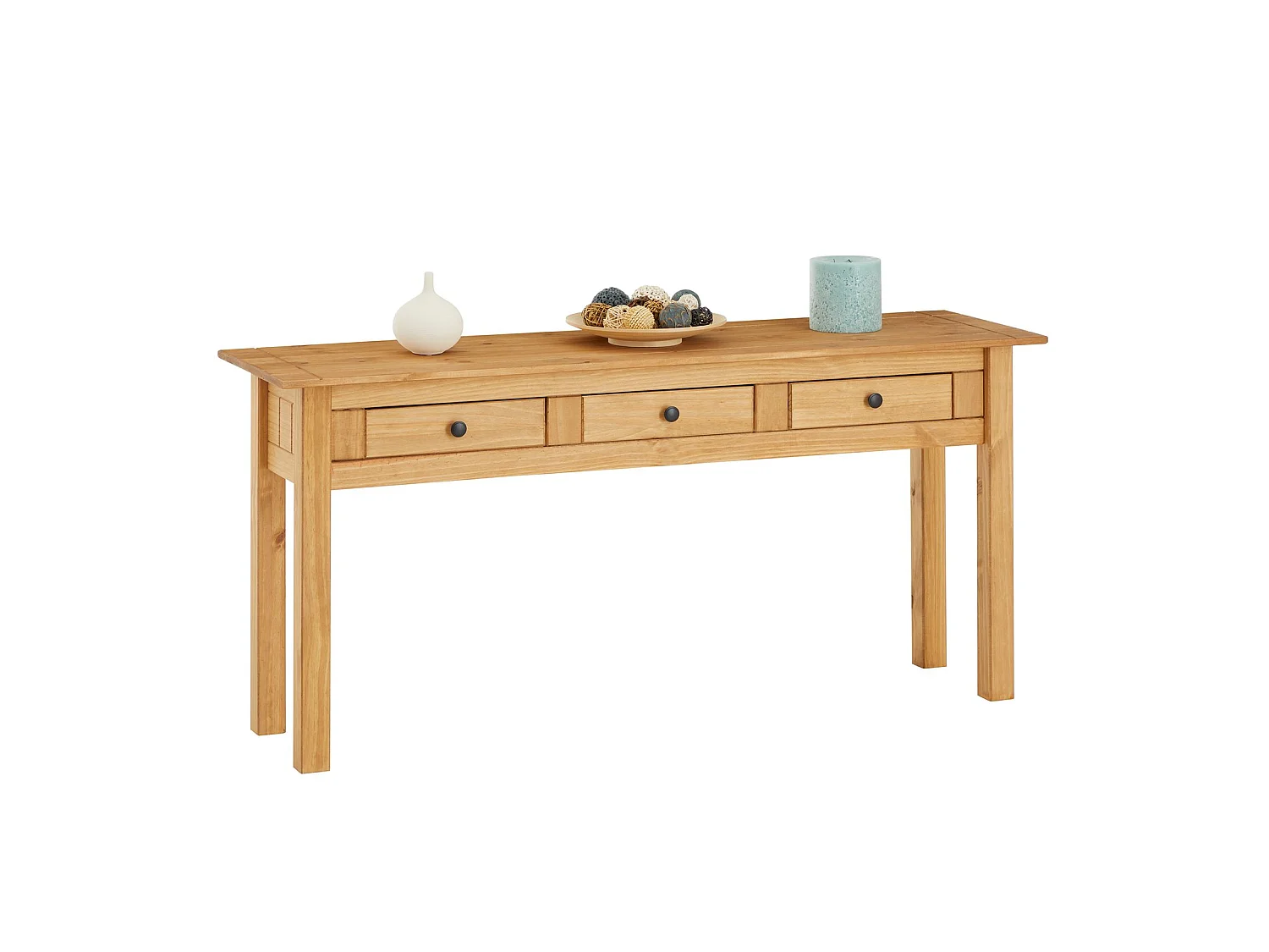 Table console CANCUN meuble d'appoint en bois avec 3 tiroirs, en pin massif finition teintée/cirée