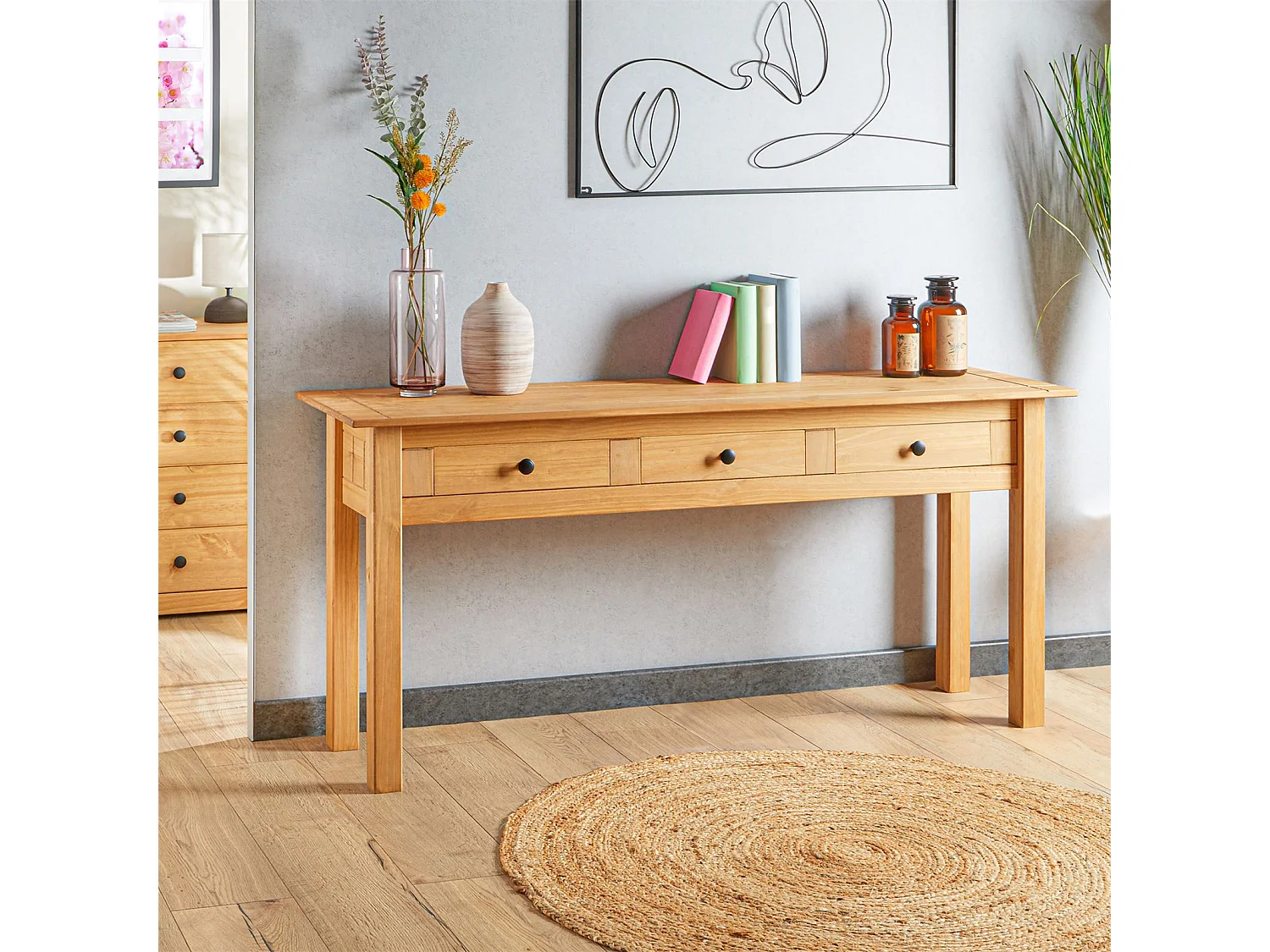 Table console CANCUN meuble d'appoint en bois avec 3 tiroirs, en pin massif finition teintée/cirée