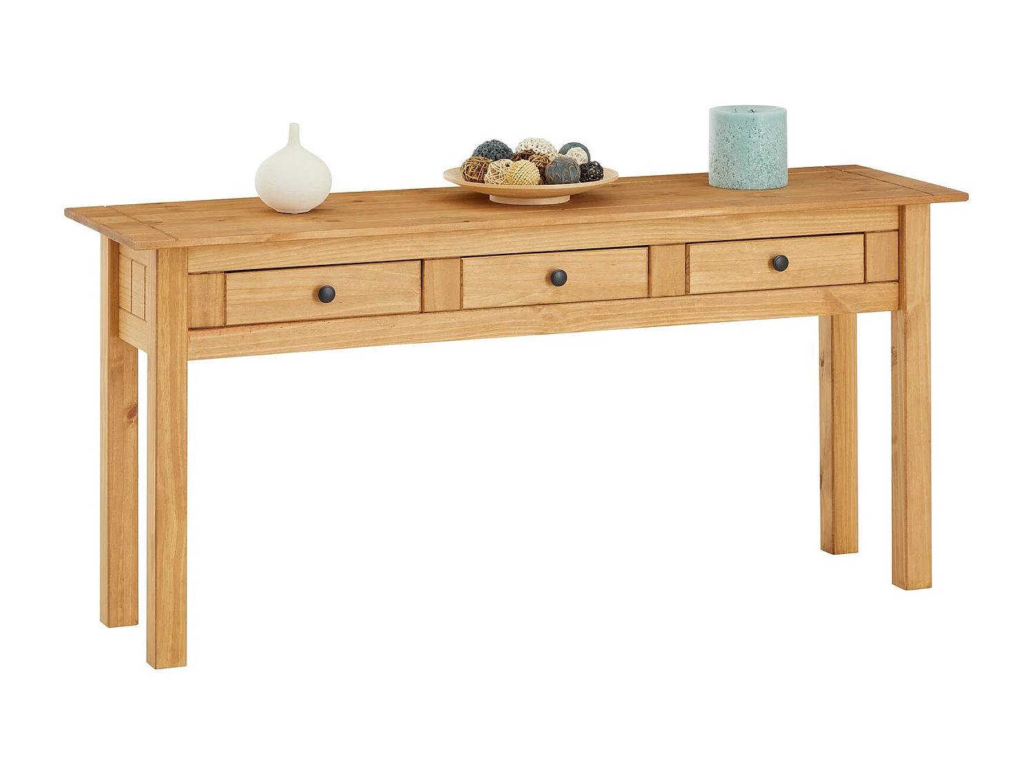 Table console CANCUN meuble d'appoint en bois avec 3 tiroirs, en pin massif finition teintée/cirée
