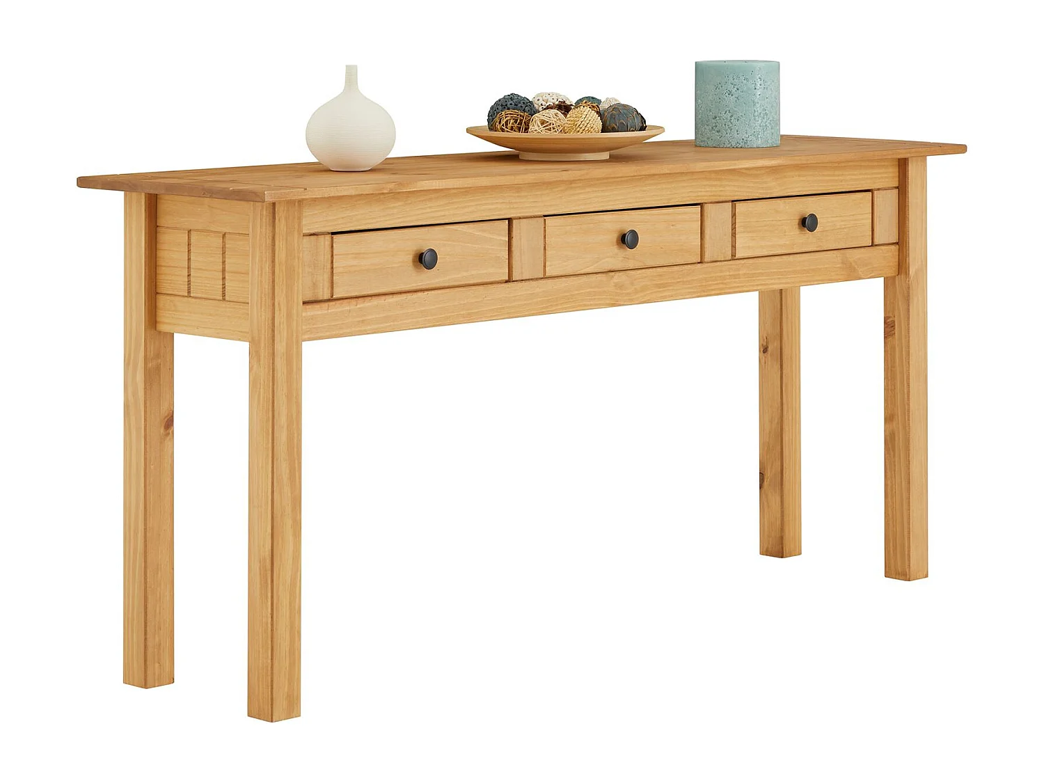 Table console CANCUN meuble d'appoint en bois avec 3 tiroirs, en pin massif finition teintée/cirée
