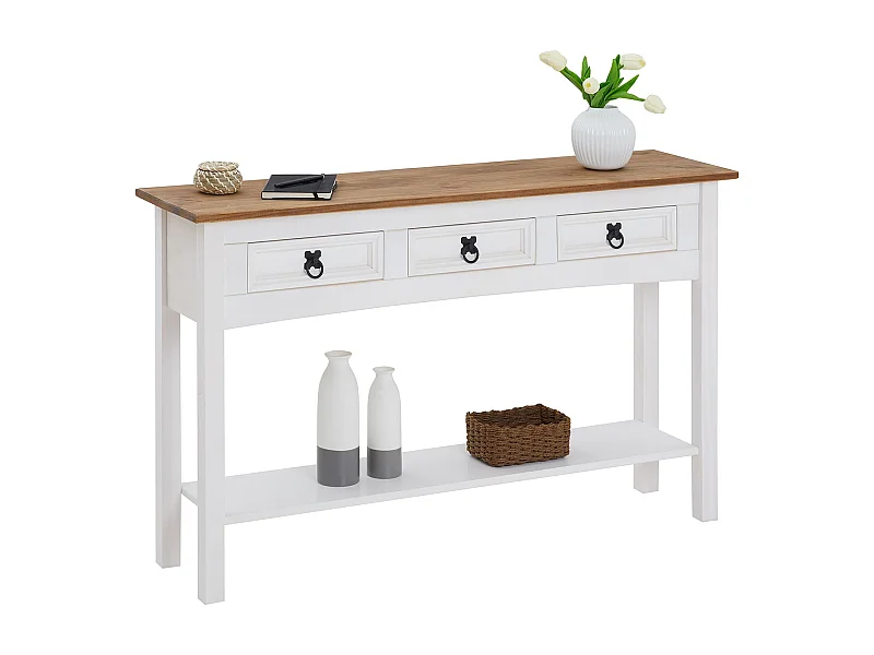 Table console CAMPO table d'appoint en pin massif blanc et brun avec 3 tiroirs et 1 étagère, meuble d'entrée en bois