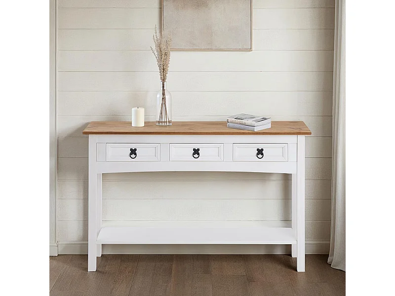 Table console CAMPO table d'appoint en pin massif blanc et brun avec 3 tiroirs et 1 étagère, meuble d'entrée en bois