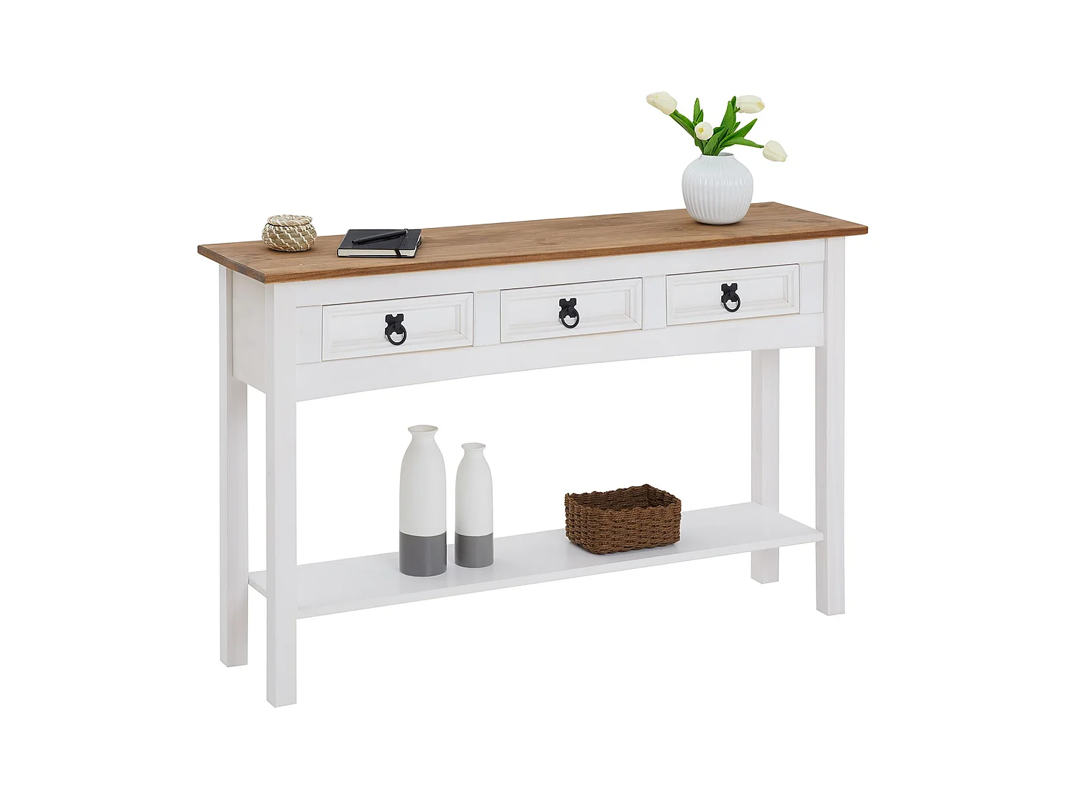 Table console CAMPO table d'appoint en pin massif blanc et brun avec 3 tiroirs et 1 étagère, meuble d'entrée en bois