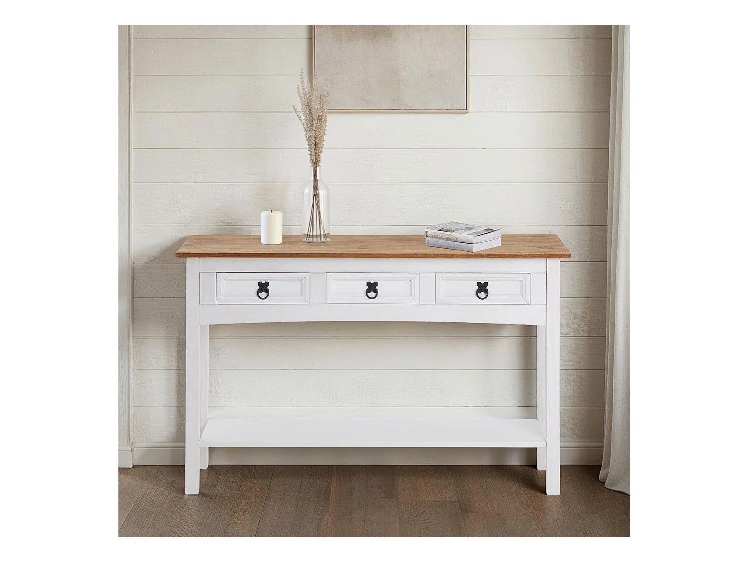 Table console CAMPO table d'appoint en pin massif blanc et brun avec 3 tiroirs et 1 étagère, meuble d'entrée en bois