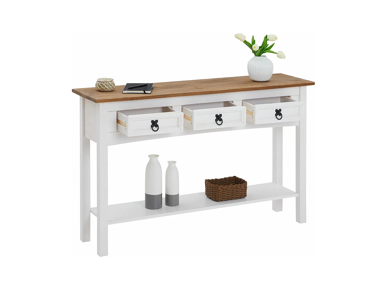 Table console CAMPO table d'appoint en pin massif blanc et brun avec 3 tiroirs et 1 étagère, meuble d'entrée en bois