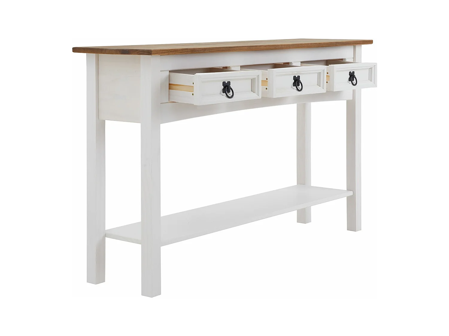 Table console CAMPO table d'appoint en pin massif blanc et brun avec 3 tiroirs et 1 étagère, meuble d'entrée en bois