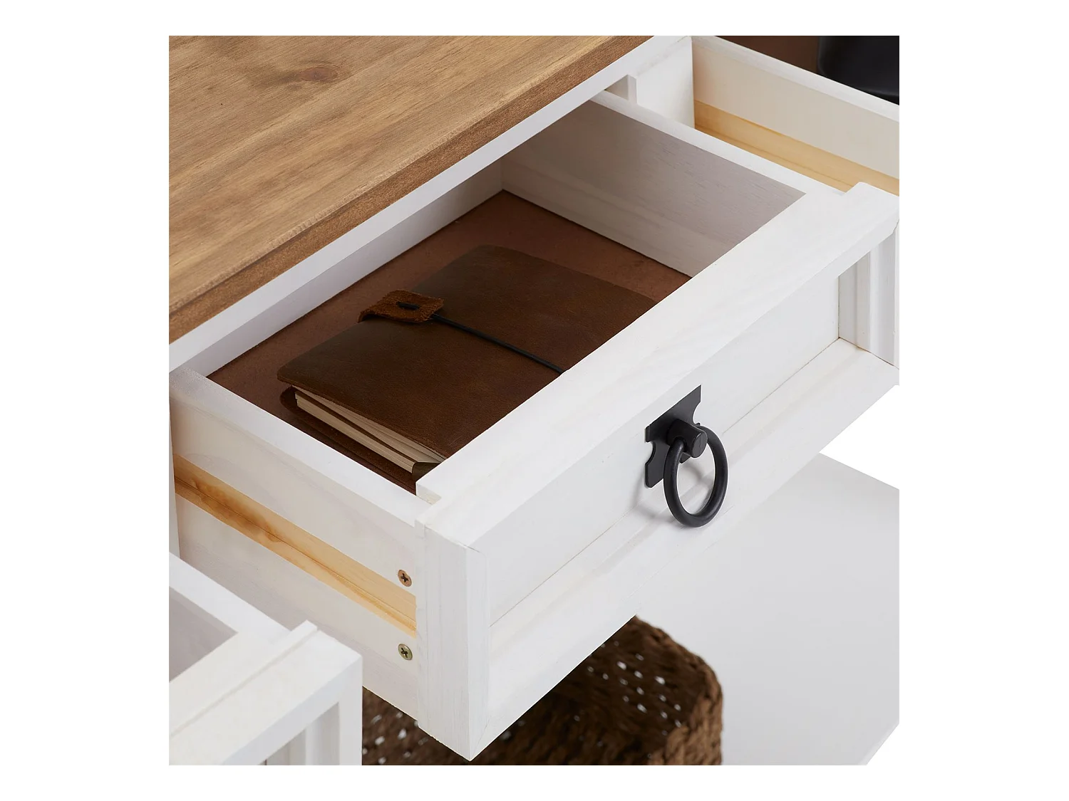 Table console CAMPO table d'appoint en pin massif blanc et brun avec 3 tiroirs et 1 étagère, meuble d'entrée en bois