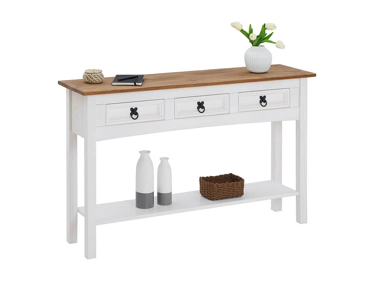 Table console CAMPO table d'appoint en pin massif blanc et brun avec 3 tiroirs et 1 étagère, meuble d'entrée en bois