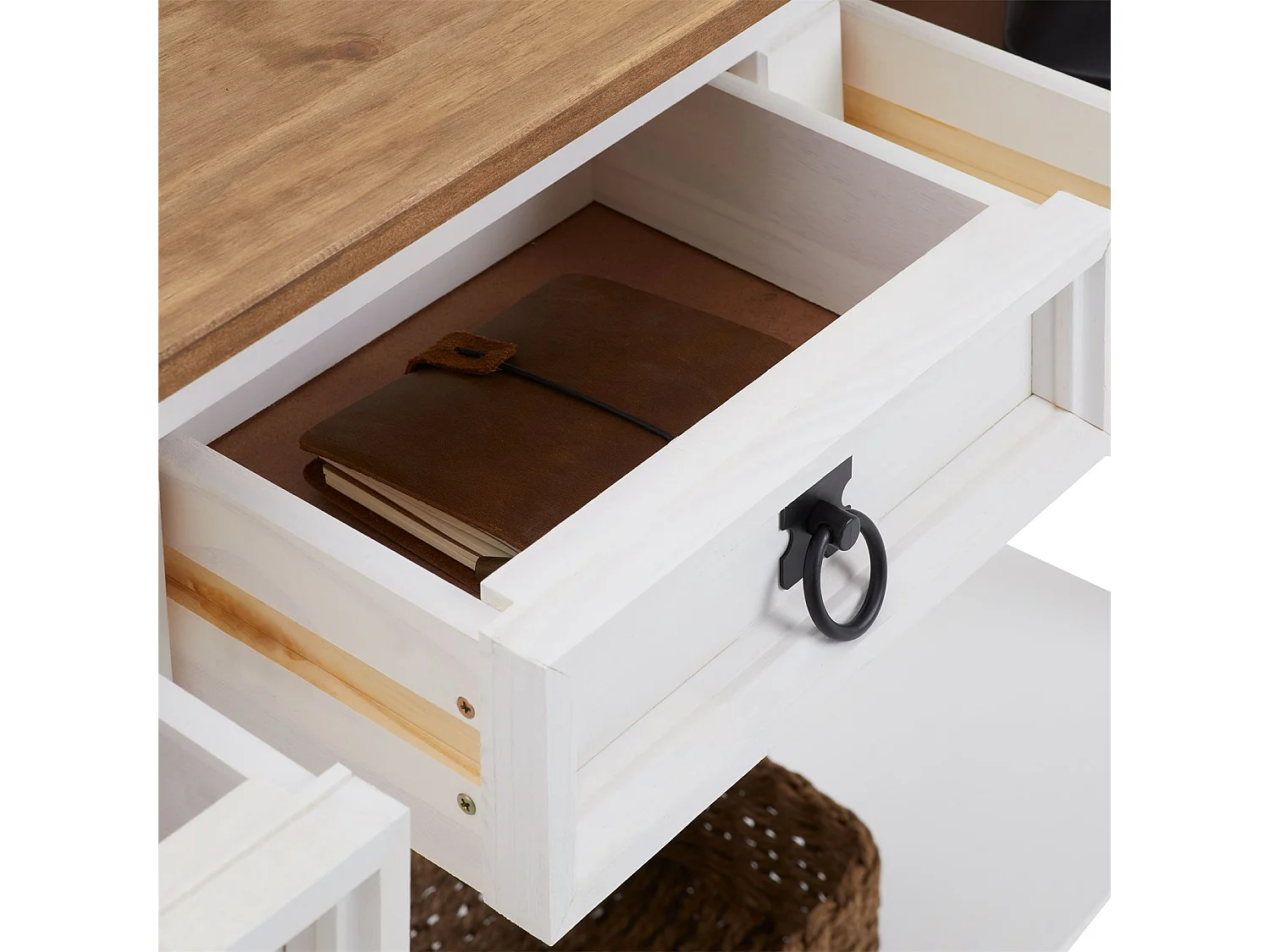 Table console CAMPO table d'appoint en pin massif blanc et brun avec 3 tiroirs et 1 étagère, meuble d'entrée en bois