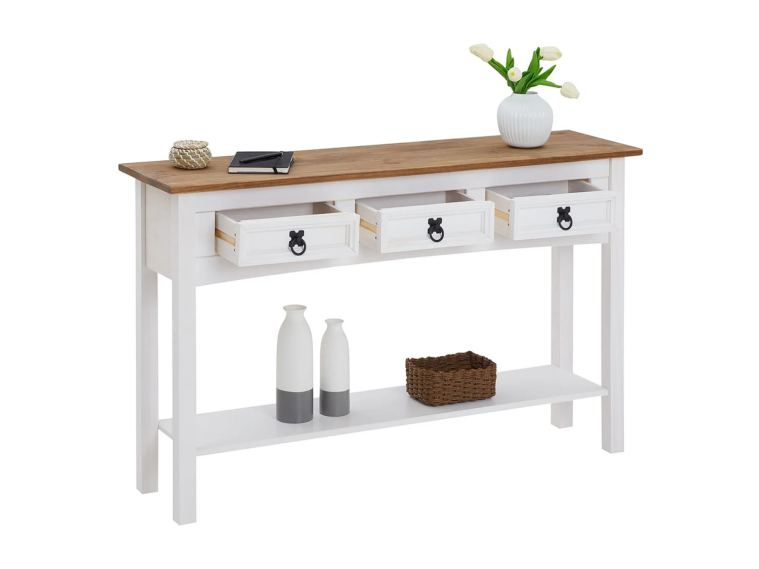 Table console CAMPO table d'appoint en pin massif blanc et brun avec 3 tiroirs et 1 étagère, meuble d'entrée en bois