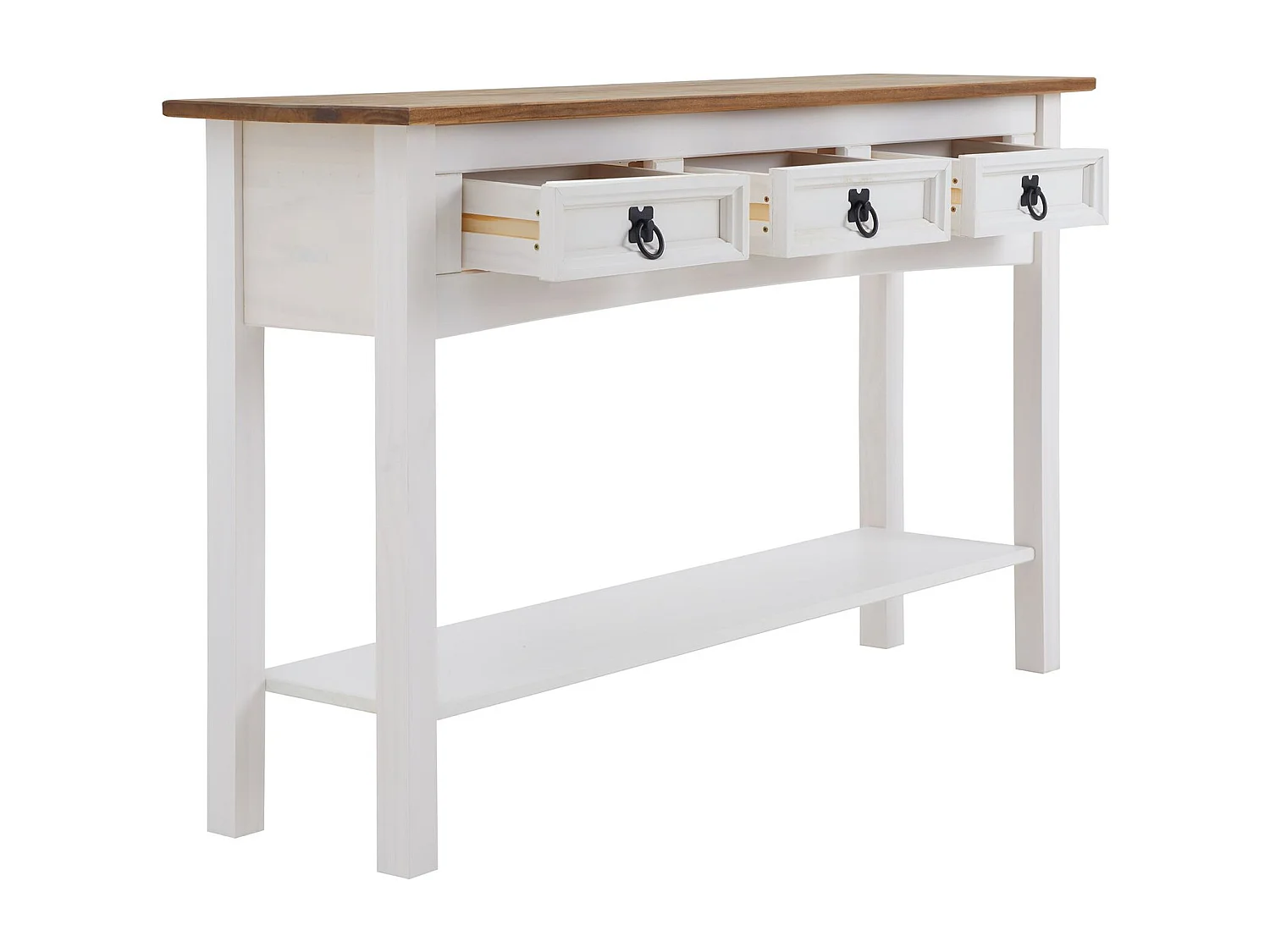 Table console CAMPO table d'appoint en pin massif blanc et brun avec 3 tiroirs et 1 étagère, meuble d'entrée en bois