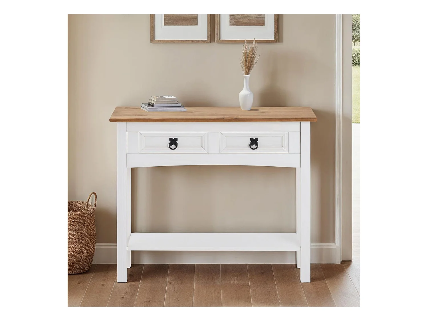 Table console CAMPO table d'appoint rectangulaire en pin massif blanc et brun avec 2 tiroirs et 1 étagère, meuble d'entrée en bois