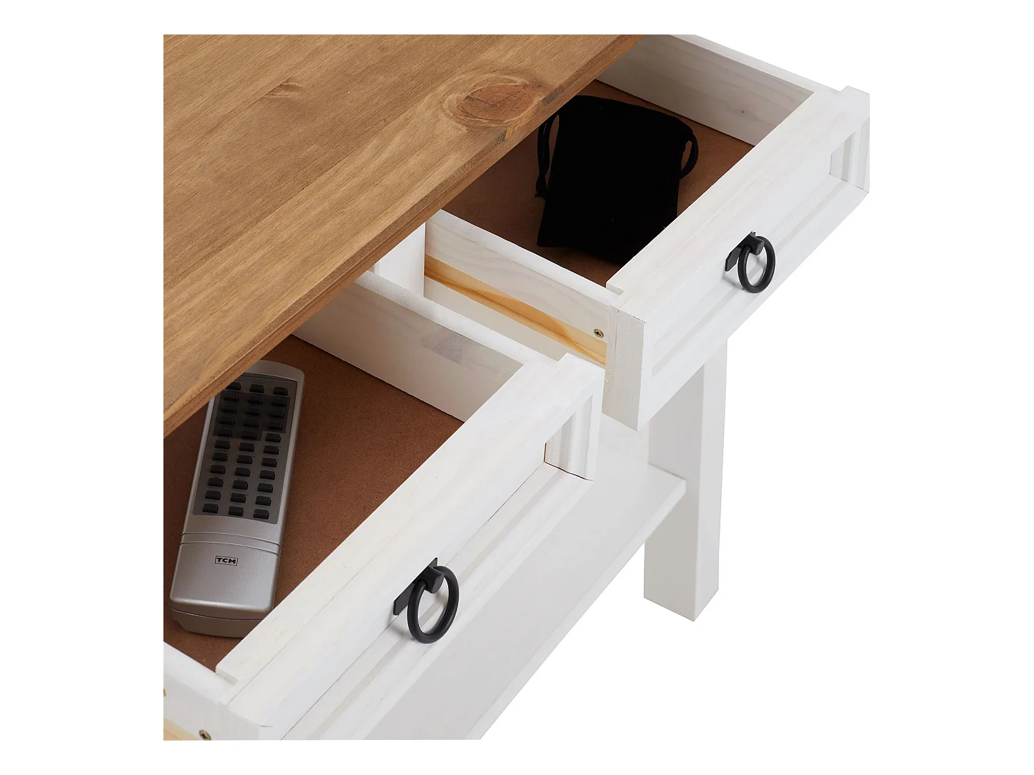 Table console CAMPO table d'appoint rectangulaire en pin massif blanc et brun avec 2 tiroirs et 1 étagère, meuble d'entrée en bois