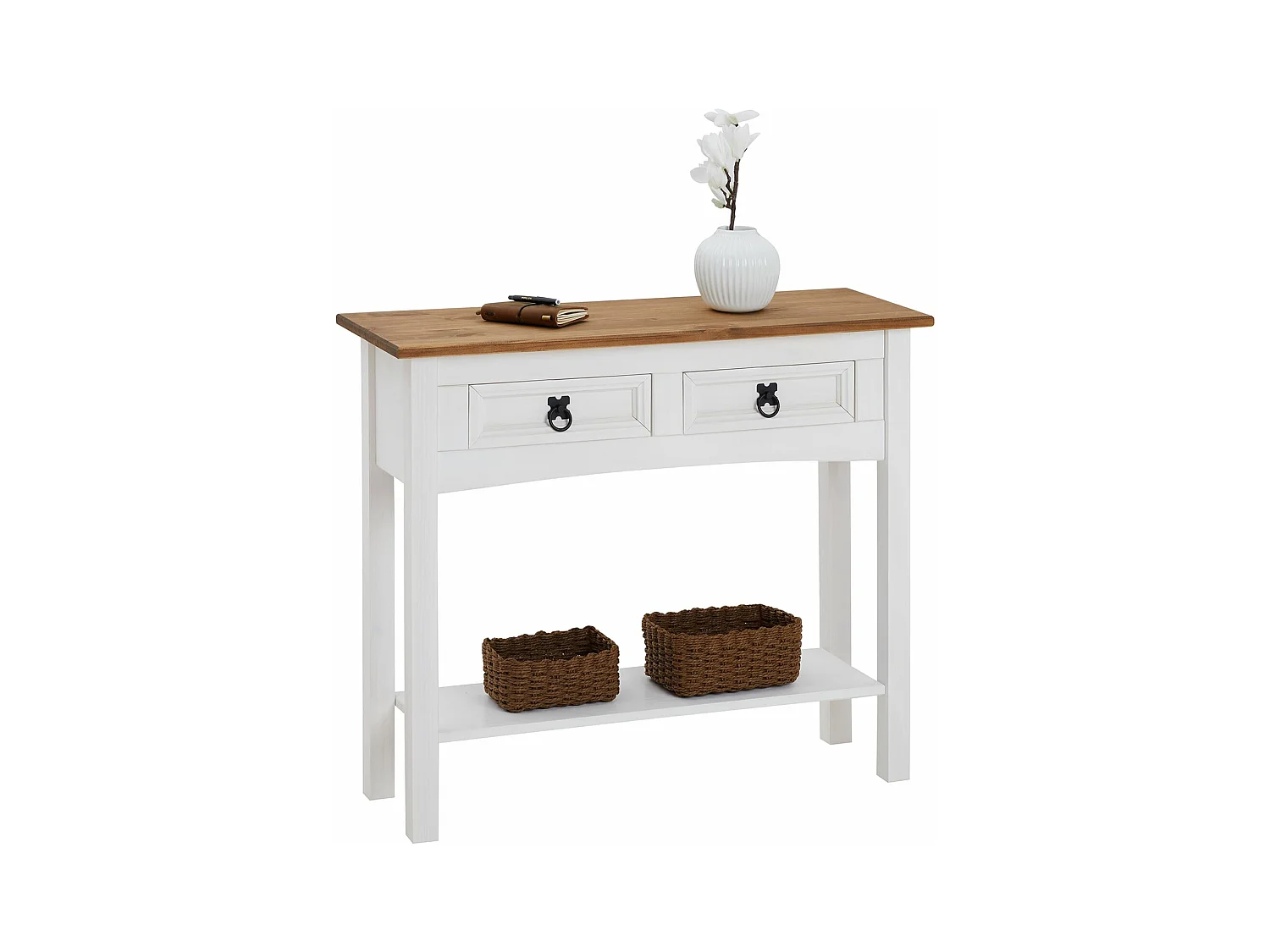 Table console CAMPO table d'appoint rectangulaire en pin massif blanc et brun avec 2 tiroirs et 1 étagère, meuble d'entrée en bois