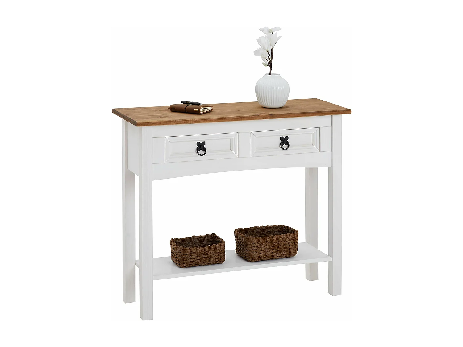 Table console CAMPO table d'appoint rectangulaire en pin massif blanc et brun avec 2 tiroirs et 1 étagère, meuble d'entrée en bois