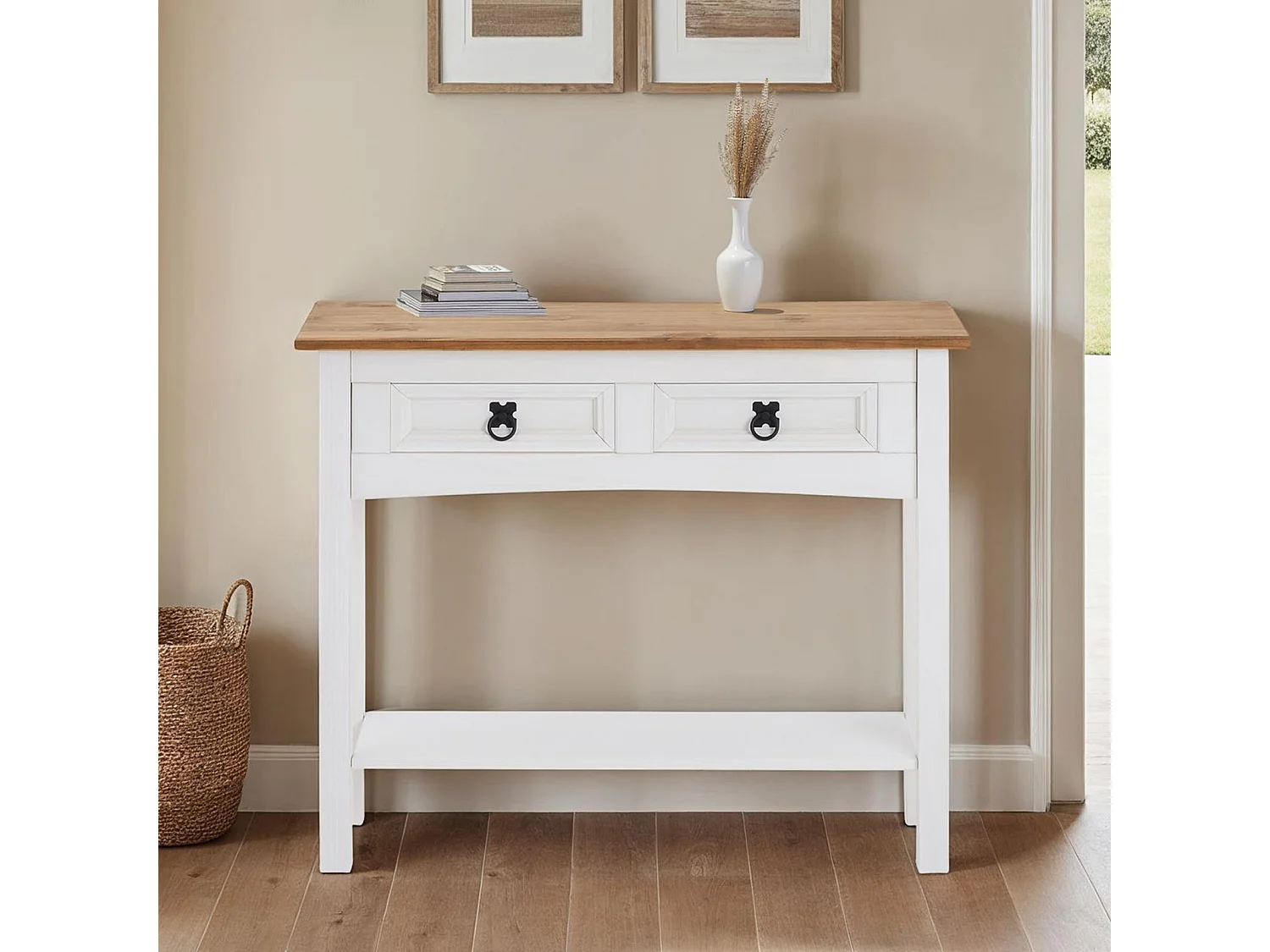 Table console CAMPO table d'appoint rectangulaire en pin massif blanc et brun avec 2 tiroirs et 1 étagère, meuble d'entrée en bois