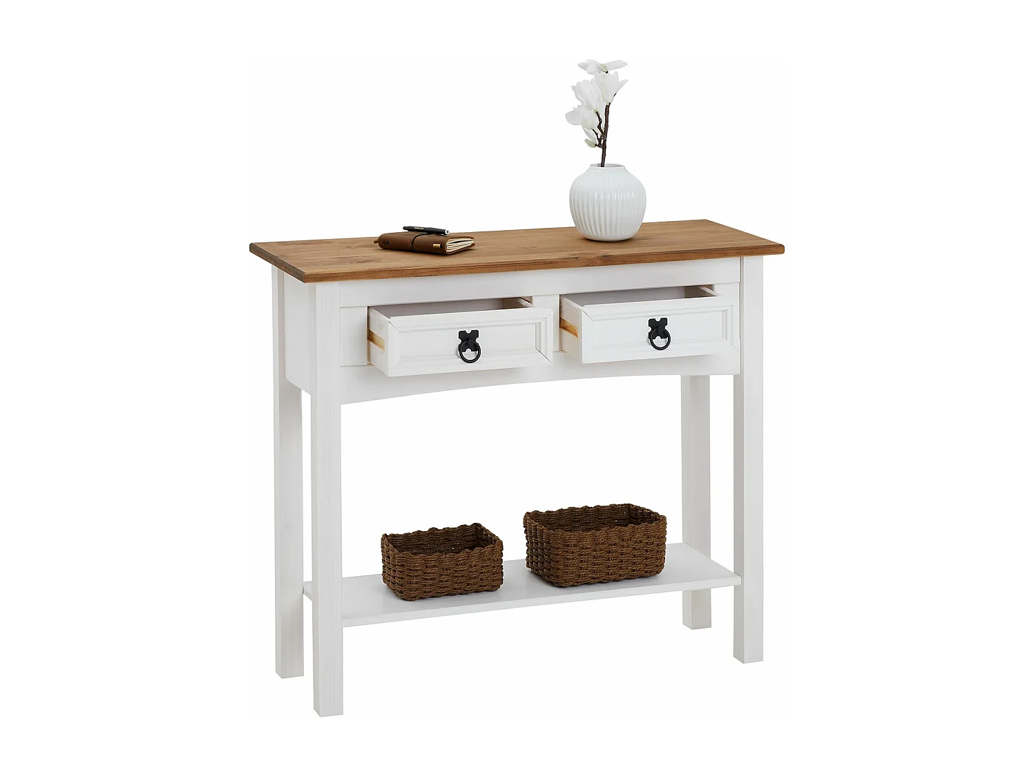 Table console CAMPO table d'appoint rectangulaire en pin massif blanc et brun avec 2 tiroirs et 1 étagère, meuble d'entrée en bois