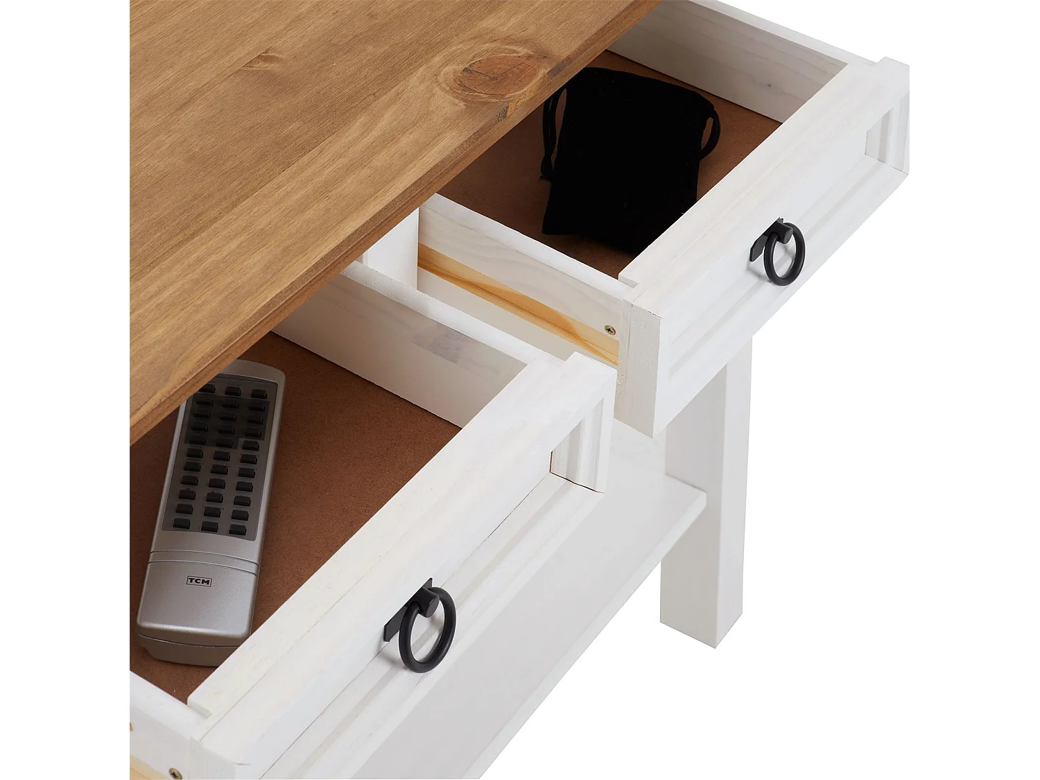 Table console CAMPO table d'appoint rectangulaire en pin massif blanc et brun avec 2 tiroirs et 1 étagère, meuble d'entrée en bois