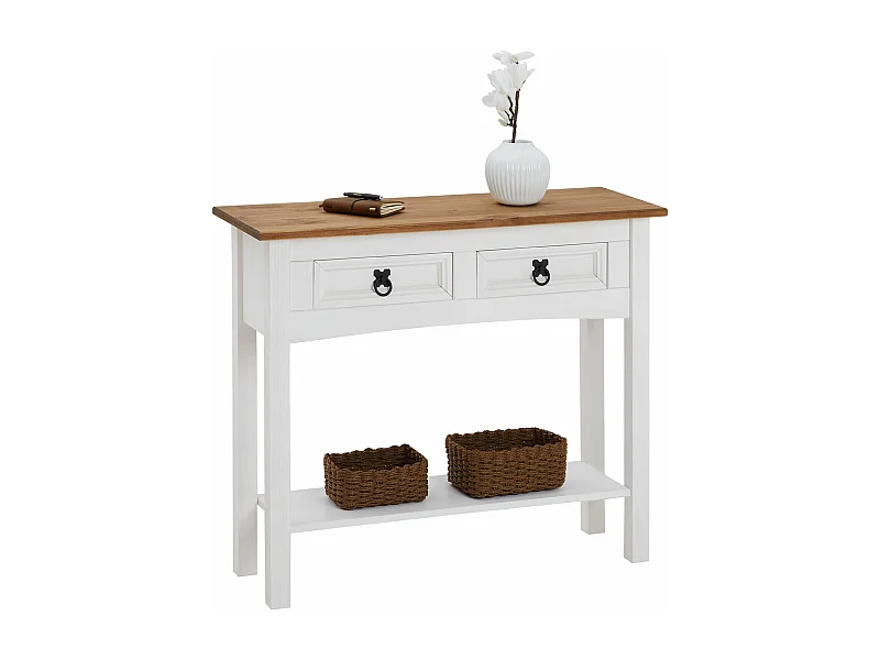 Table console CAMPO table d'appoint rectangulaire en pin massif blanc et brun avec 2 tiroirs et 1 étagère, meuble d'entrée en bois