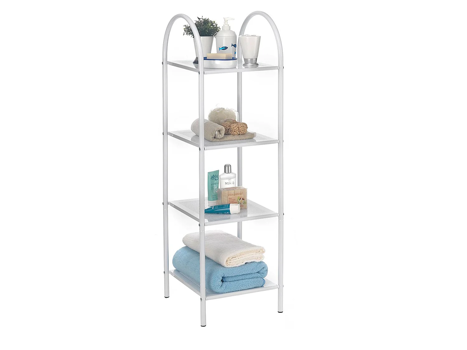 Etagère de salle de bain MADURAI meuble de rangement sur pied avec poignée et 4 tablettes, en métal blanc