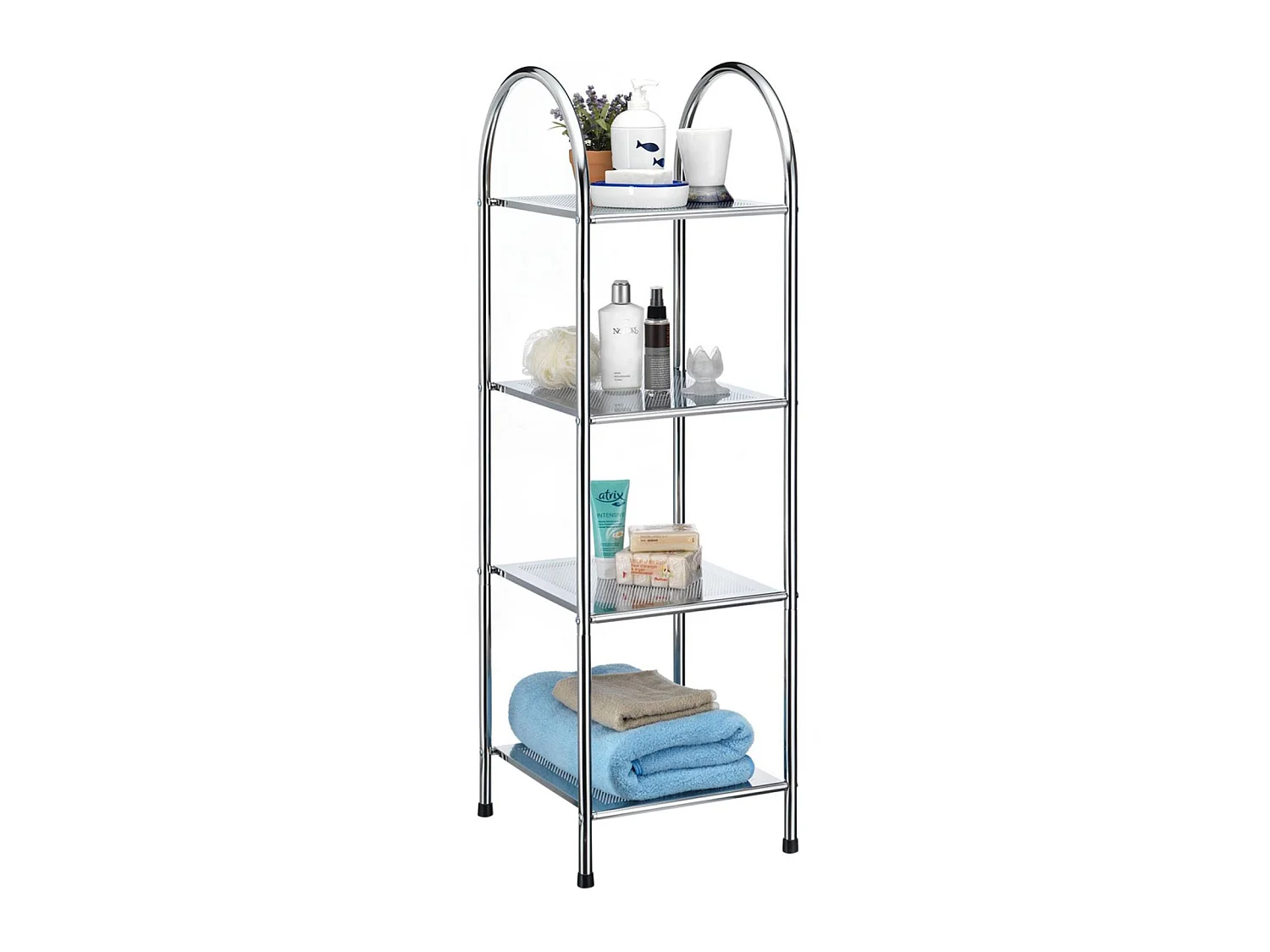 Etagère de salle de bain SECA meuble de rangement sur pied avec poignée et 4 tablettes, en métal chromé