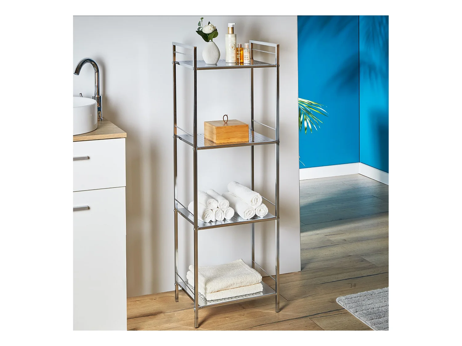 Étagère de salle de bains MATIS sur pied avec 4 tablettes, en métal chromé