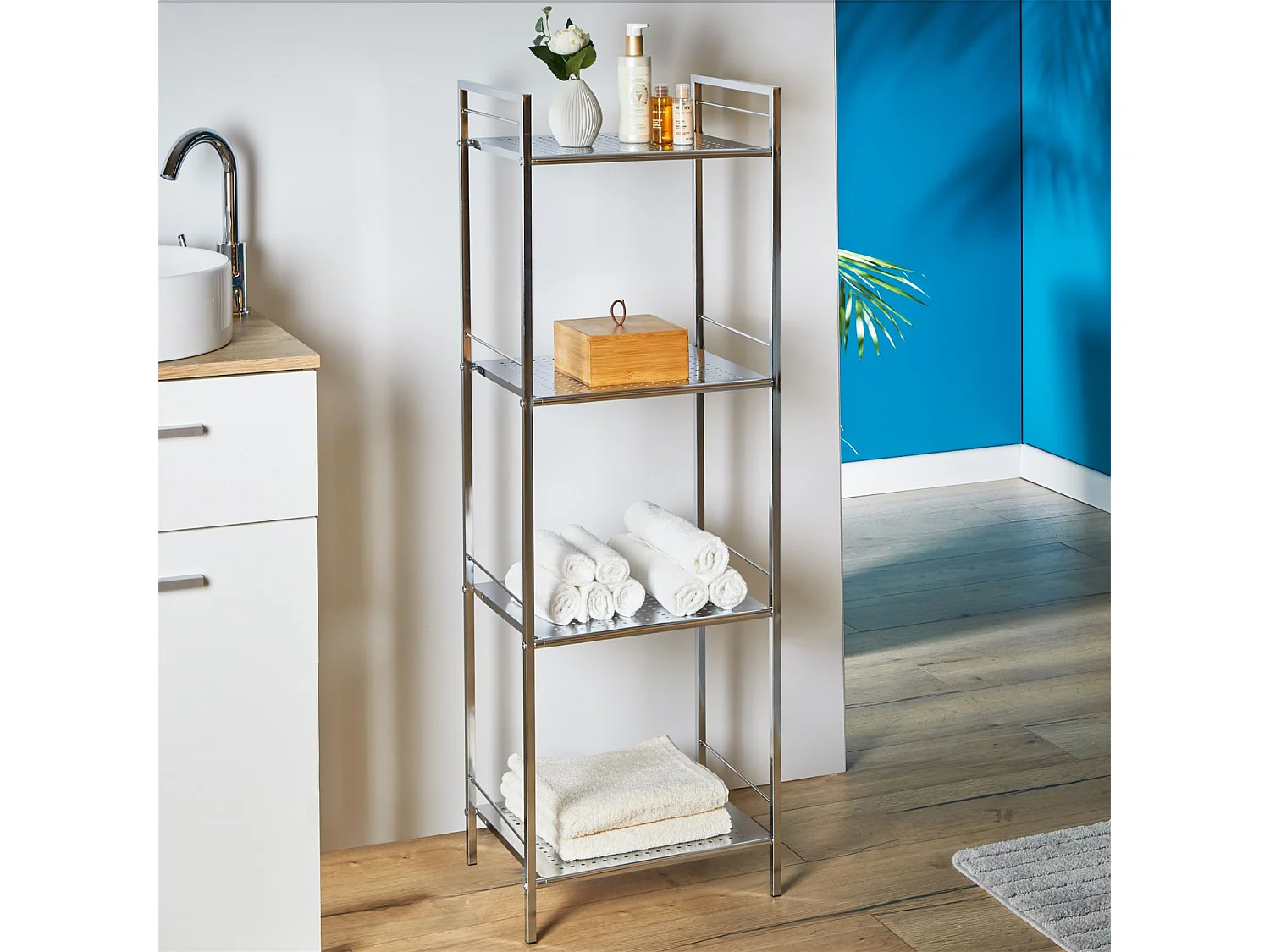 Étagère de salle de bains MATIS sur pied avec 4 tablettes, en métal chromé