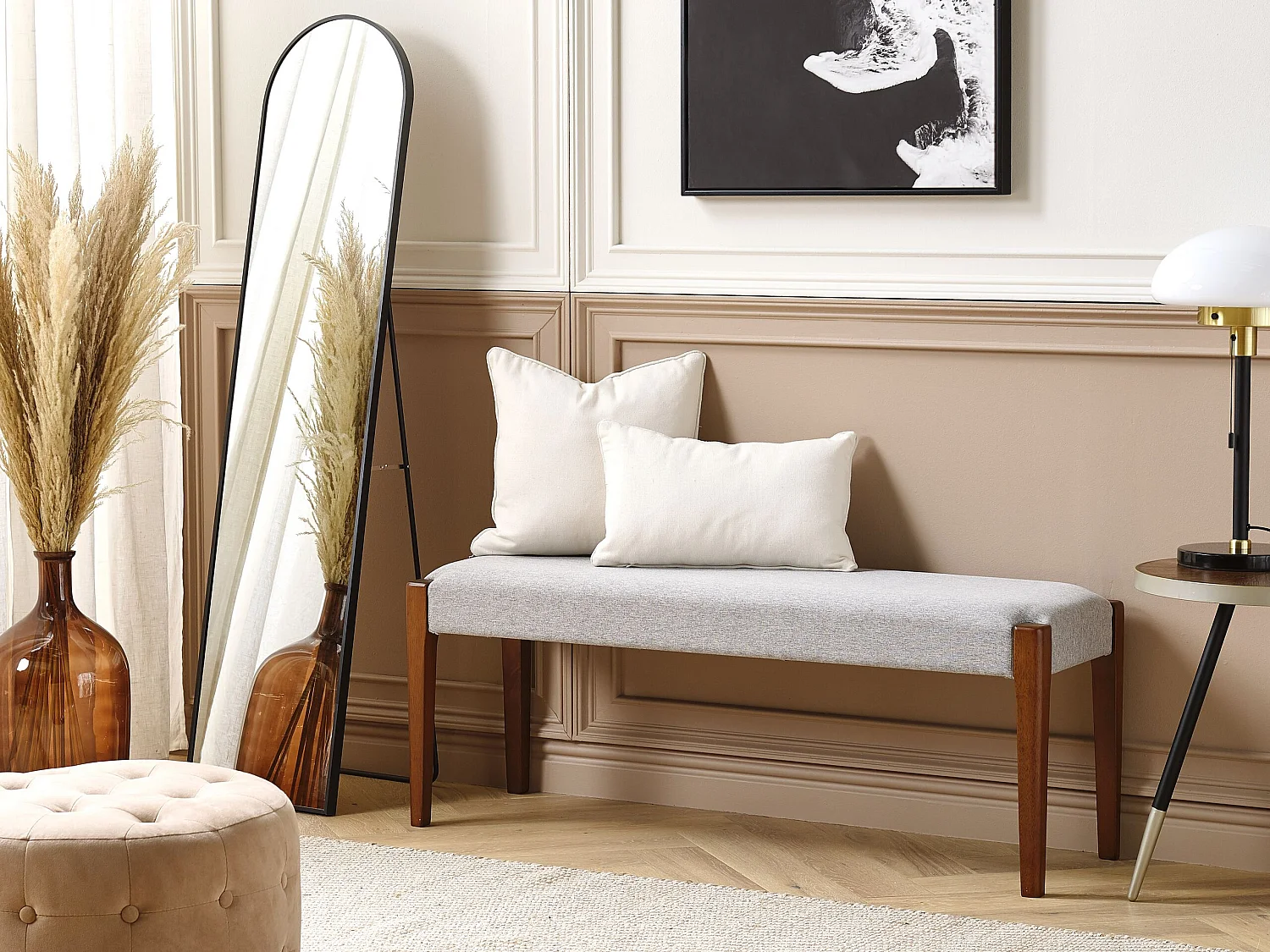 Bettbank Polsterbezug grau Holzbeine dunkelbraun 122 x 40 cm Retro Design Elyria