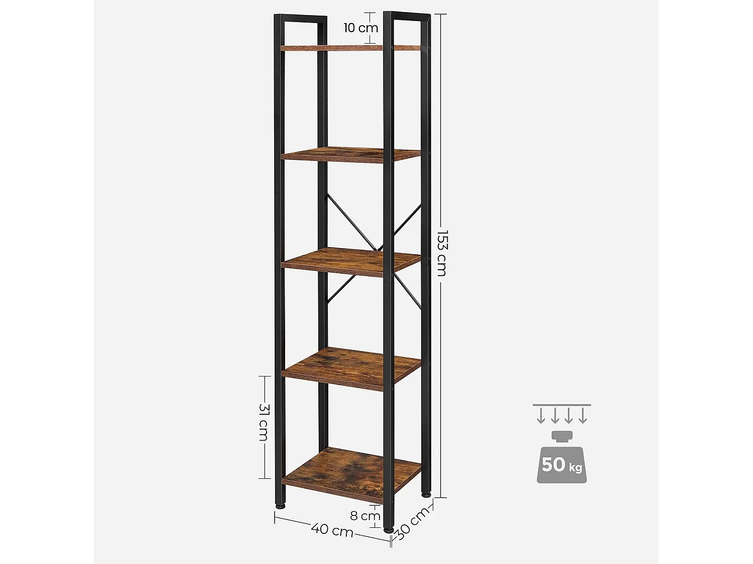 Estantería librería de 5 niveles con estructura de acero para salón oficina entrada estilo industrial marrón 153 cm rústico y negro 12_0002794