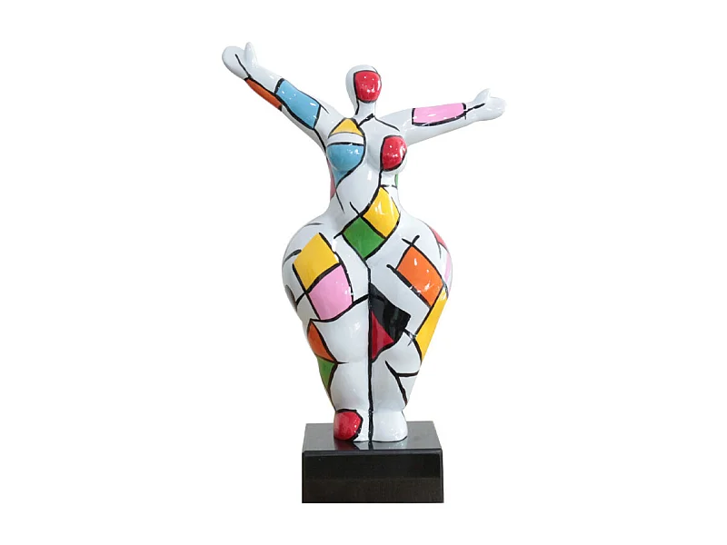 Statue femme bras levés carreaux multicolores H34 cm - LADY SQUARE